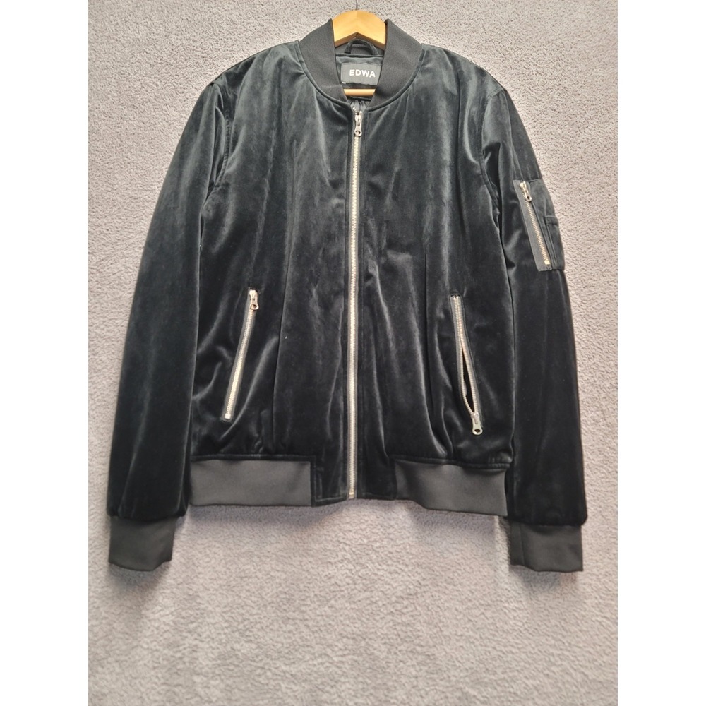 EDWA Velvet Bomber Jacket Black Zip Pockets Ribbed Trim Men's L See Meas